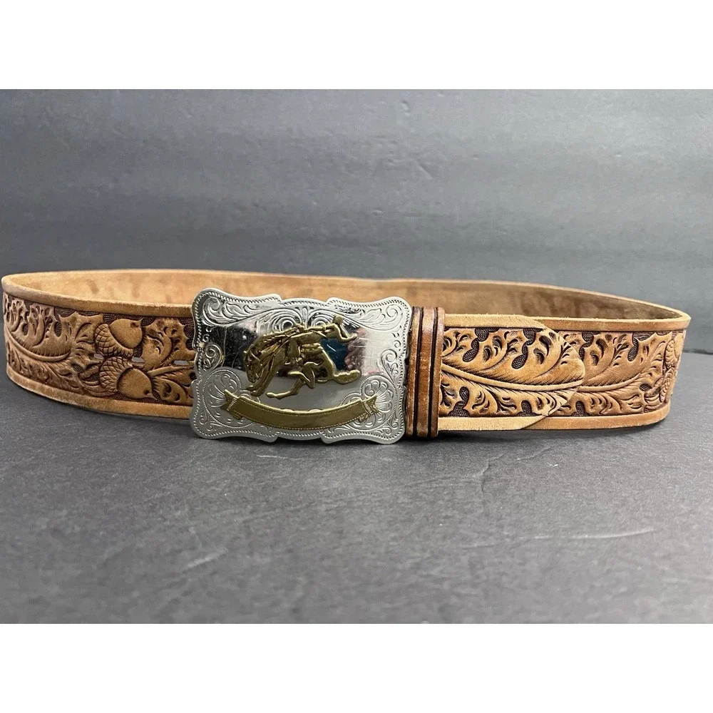 Vtg Western Tooled Leather Belt Sz 34 Nickle Silver Buckle Bronco Rodeo Cowboy